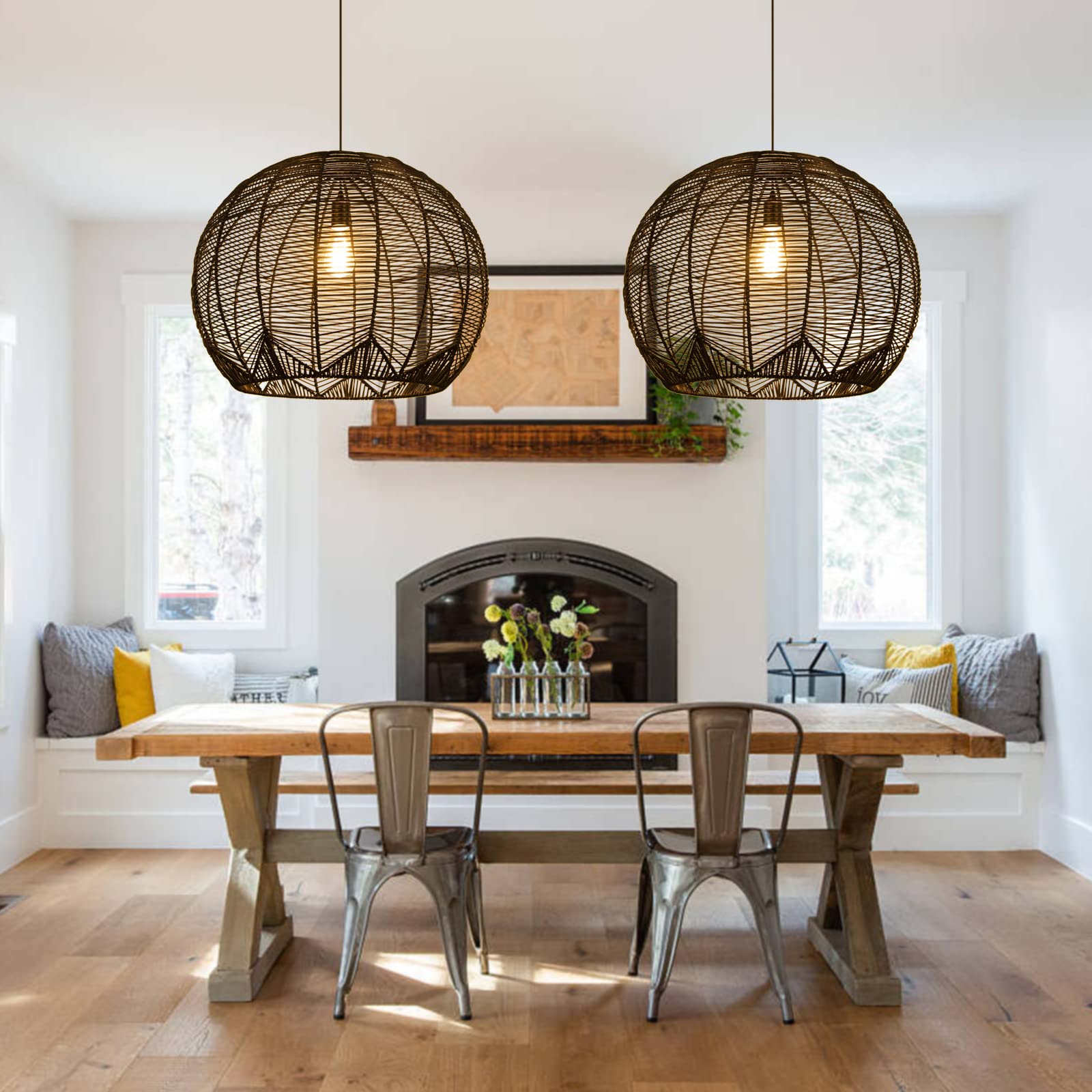 Abat-jour Suspendu En Rotin Tissé Main - Noir, Design Classique | Pour Lustre, Lampe Salon Ou Chambre, Installation Facile